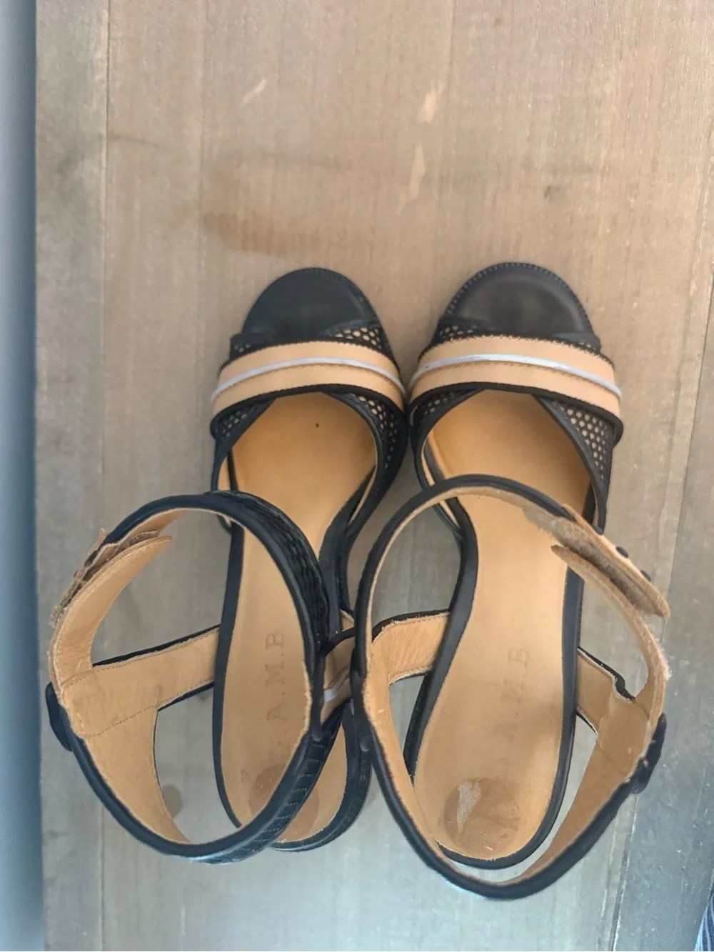 L.A.M.B. Black and Tan Mesh Ankle-Strap Block Heels